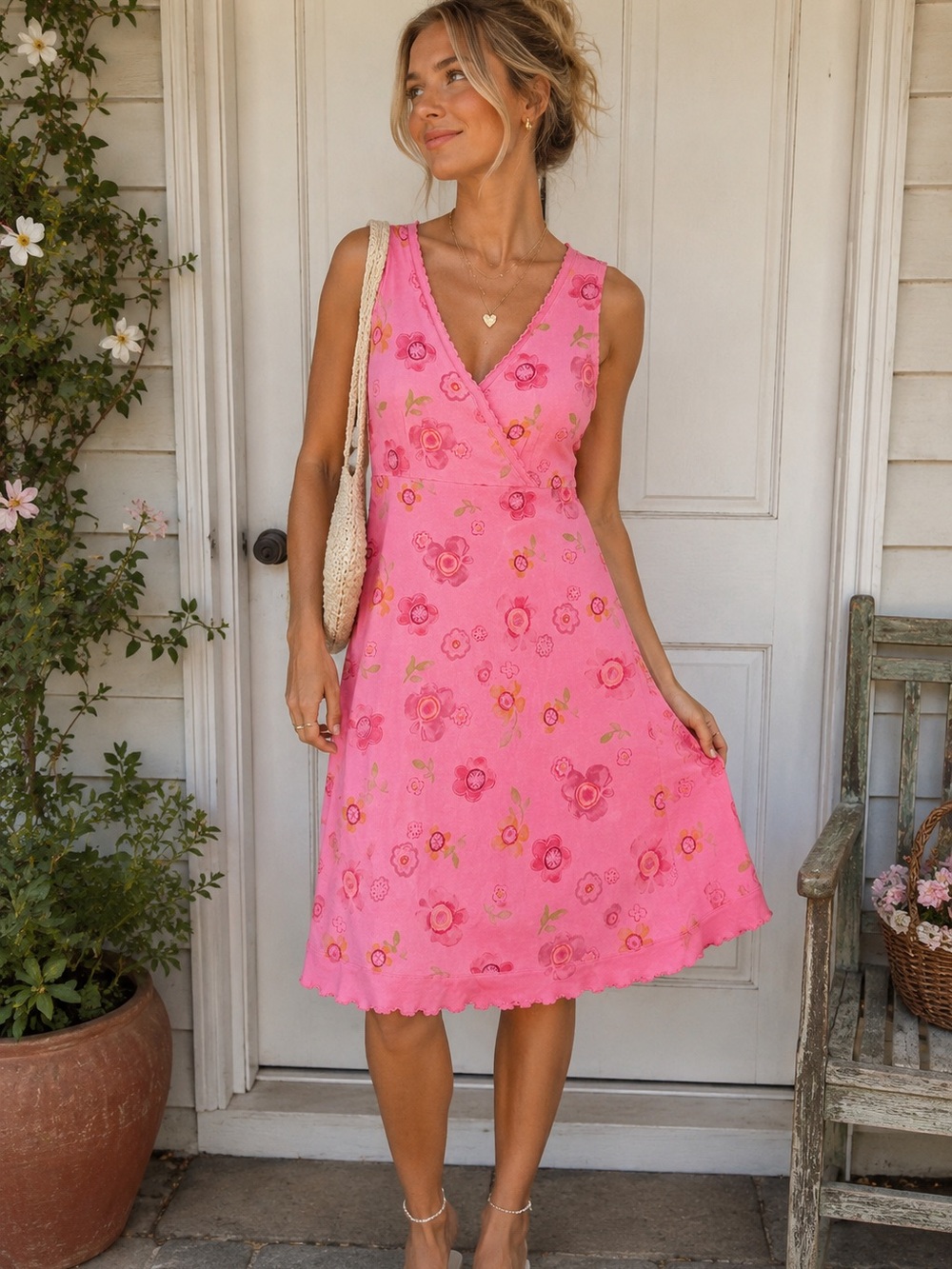 Vintage Fresh Produce Pink Floral Y2K Dress Small Preppy Beachy Fairycore